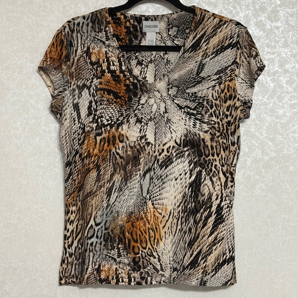 Chico's Mixed‎ Animal Print V-Neck Top Snakeskin Leopard Stretch Brown Size 1 M